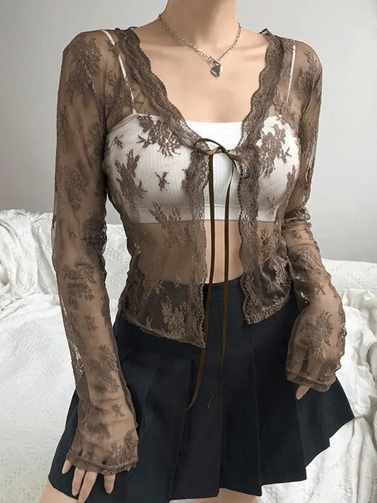 Women Floral Lace Shirts Long Sleeve Front Tie-up Smock Tops Sexy Beach Tops and Blouses Female See Through Cover-ups
