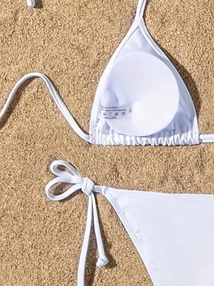 New Women Swimsuit Ribbed Backless Pads Bikini Set Halter Triangle Bra Side Tie Thong Swimwear Beachwear Lady Bathing Suit