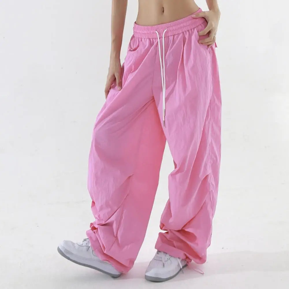 Women Sport Pants Wide Leg Elastic Waist Adjustable Drawstring Long Pants Solid Color Leisure Travel Cargo Trousers