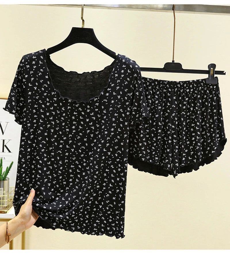 Chic Modal Floral Print 2Pcs Set Soft And Breathable Short-Sleeve Top And Shorts Loose Relaxed Fit Women's Sleepwear Homewear
