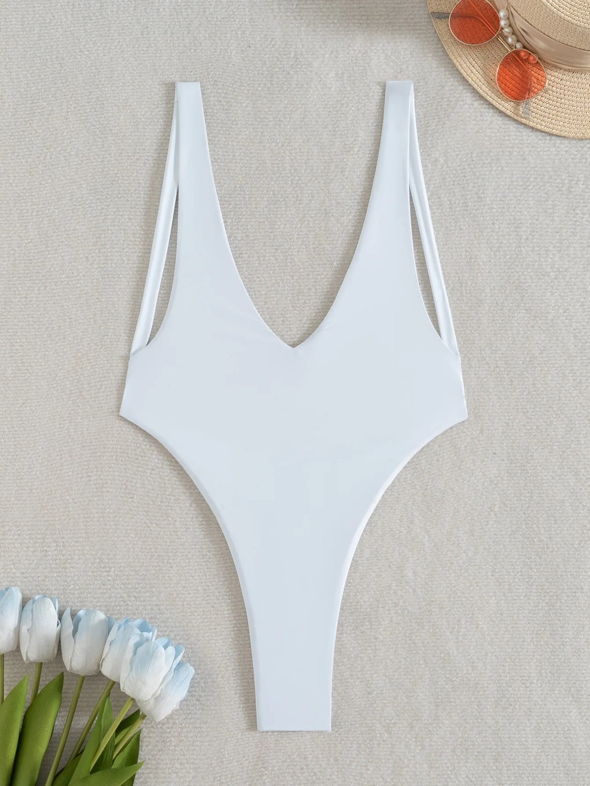 DEKA WomenSolid Deep V Neck One Piece Swimsuit Women Hollow Out White Swimwear Beach Bandage Bathing Suit Monokini