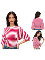 Women Summer Fashion Casual Elbow Sleeve T-Shirts Stripe Cinched Waist Crew Neck Tops Streetwear