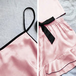 Women's Smooth Satin Pajamas V-Neck T-Shirt Ruffled Edges And Bow Shorts Simple And Breathable Pajama Set Sling Home Clothing