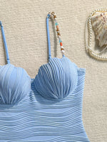 Vintage Blue Wave One Piece Swimwear Women 2026 Beading Strap Push Up Underwire Tummy Control Bathing Suit One Piece Swimsuit