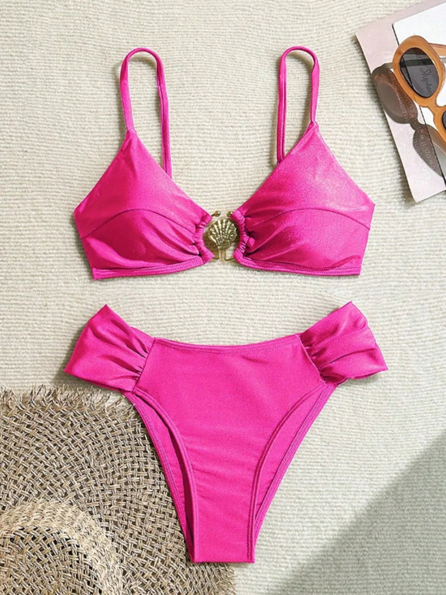 S - XL Metal Shell Halter Female Swimsuit High Waist Bikini Women Swimwear Two-pieces Bikini set Bather Bathing Suit Swim Lady