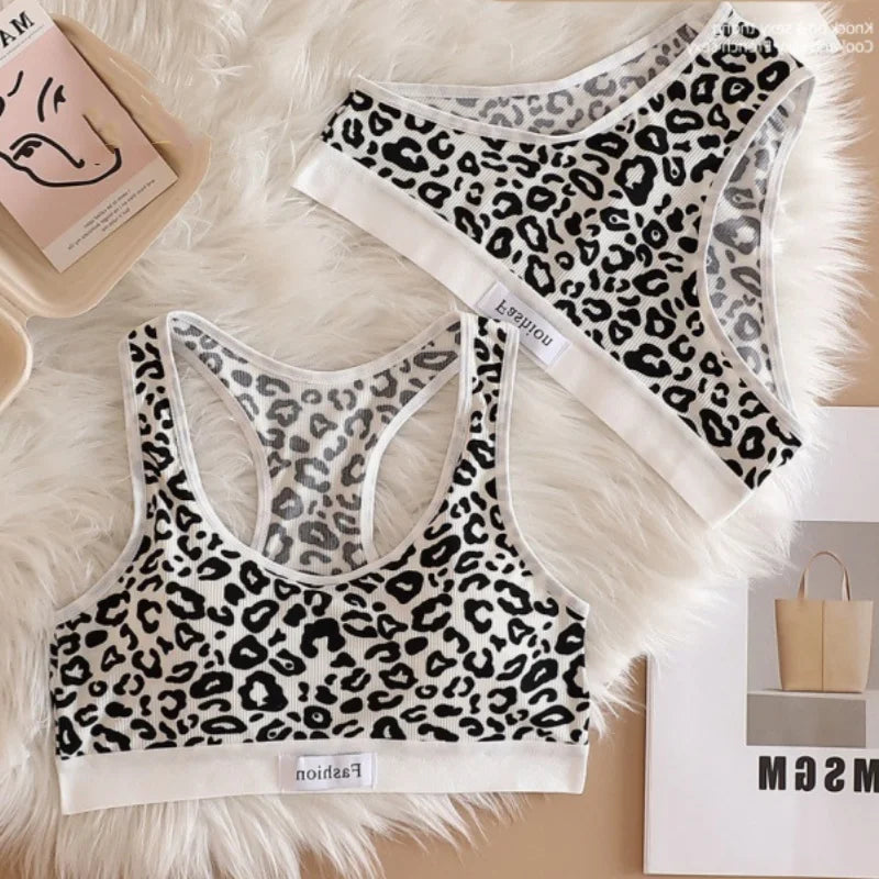 Seamless Bra Set Women Leopard Y-Shape Wireless Bra Low Waist Panties Sexy Lingerie Sport Brassiere Female Underwear Set