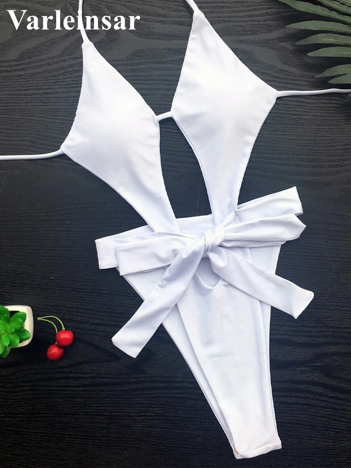 Knotted Backless Cut Out Halter One Piece Swimsuit Women Swimwear Female Monokini High Cut Bather Bathing Suit Swim Lady V3817