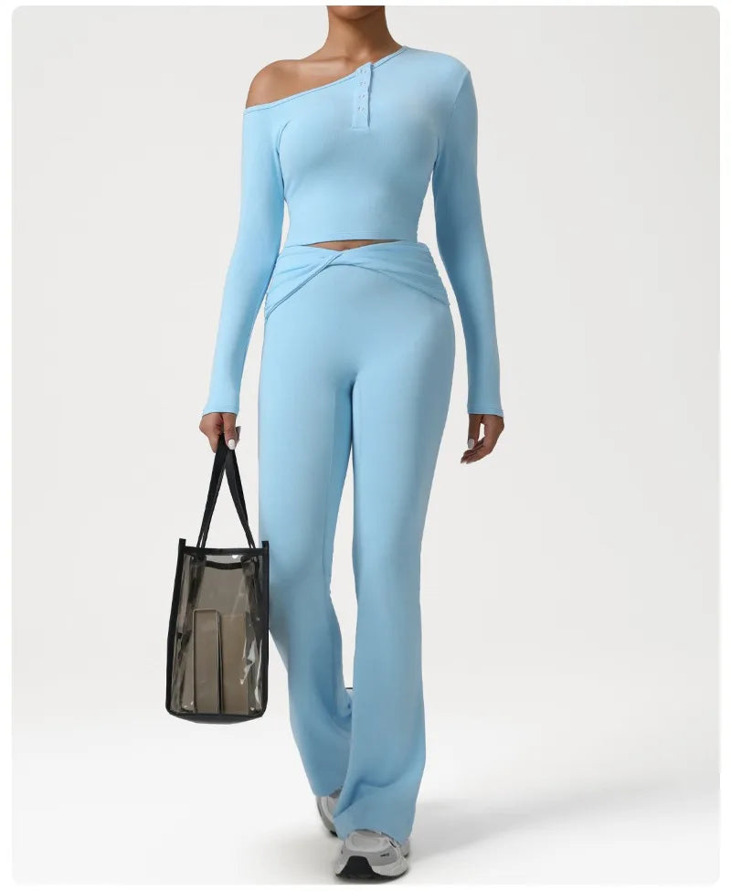2 Pieces Women's Seamless Yoga Set Long-sleeved Shirt Flared-pants Tracksuit Running Fitness Sports Set Slim-fit High Waist Suit