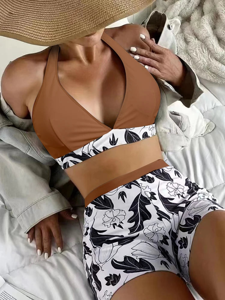 2026 Halter Bikini Set Short Swimsuit Women High Waist Swimwear Female Printed Bathers Swimming Bathing Swim Suit Beachwear