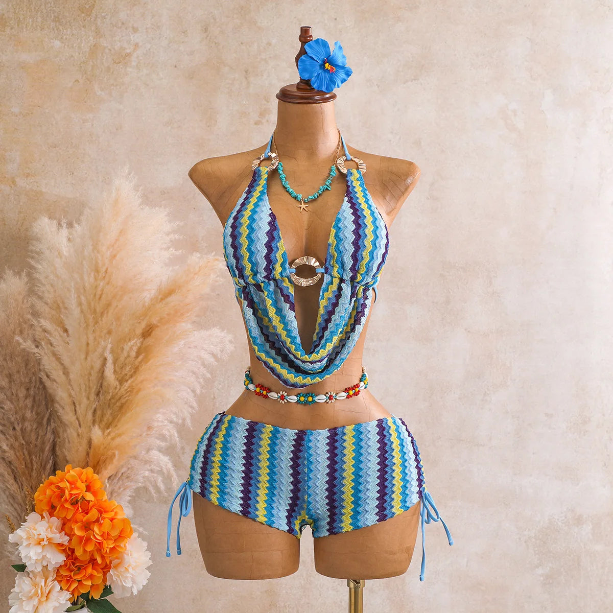 Vintage Blue Striped Knitted Cover Up 3 Piece Bikini Set 2026 Swimwear Women Push Up Bra Drawstring High Waist Shorts Swimsuit