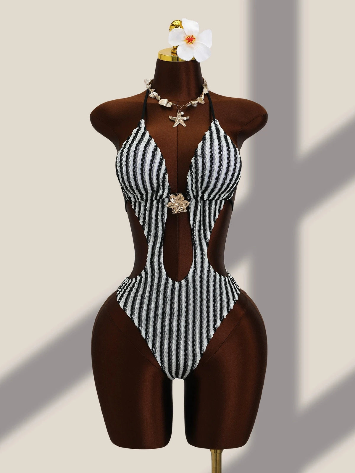DEKA Striped Deep V Neck Halter One Piece Swimsuit Women Backless Swimwear Female High Leg Cut Monokini Bather Bathing Suit Swim