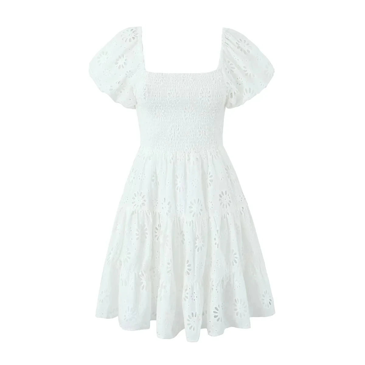 Puff Sleeve Cotton White Lace Dress Women Summer 2025 Square Collar Vintage Beach Short Dress Petite Flower EmbrioderyDress