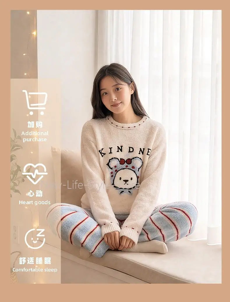 Cartoon Rabbit Jacquard Striped Pants Loose Warm Ladies Homewear Sleepwear Loungewear Women Korean Style Cute Soft Pajama Set