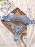 Light Blue Leaf Embroidery Lingerie Set Women Sheer Mesh Push Up Bra And Thong 2 Piece Sexy Transparent Lace Underwear ZA824031