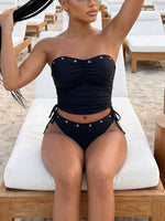 Vintage Bandeau Bikini Set Women Black Drawstring Side Push Up Top Two Piece Swimsuit 2026 Summer Holiday Bathing Suit Swimwear