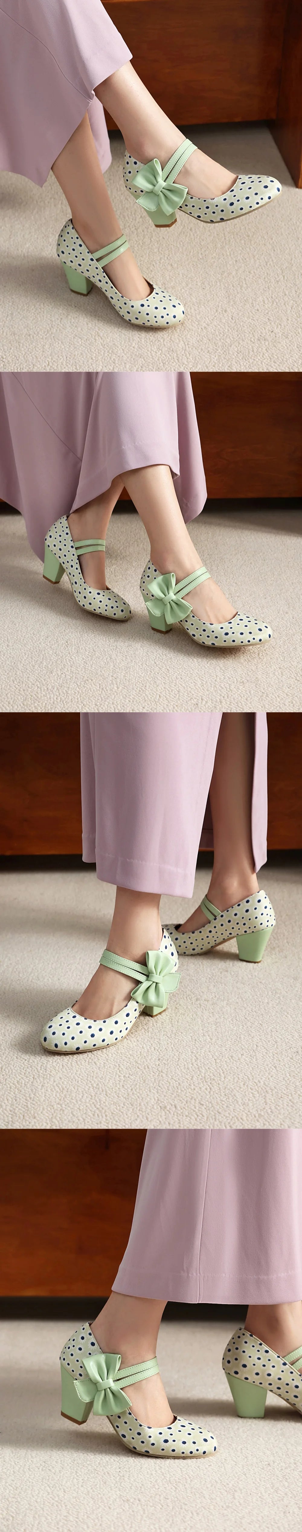 Plus Size 33-48 Sweet Polka Dot Mary Jane Heels Shoes Women Pink Blue Side Bow Tie Round Toe Chunky Block Heel Cute Lolita Pumps