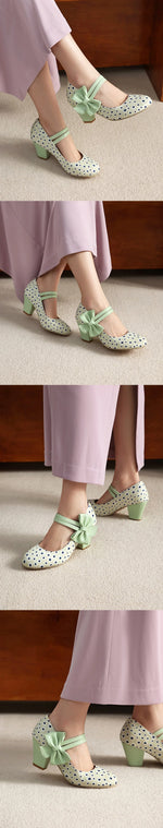 Plus Size 33-48 Sweet Polka Dot Mary Jane Heels Shoes Women Pink Blue Side Bow Tie Round Toe Chunky Block Heel Cute Lolita Pumps
