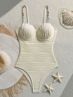 Vintage Blue Wave One Piece Swimwear Women 2026 Beading Strap Push Up Underwire Tummy Control Bathing Suit One Piece Swimsuit