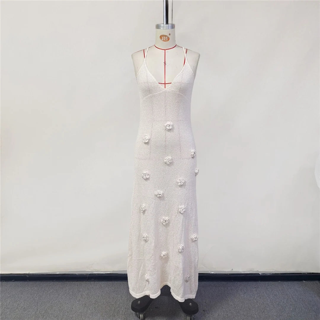 Elegant 3d Flower Knitted Dresses For Women V-neck Backless Sleeveless Lace Up Female Maxi Dress Summer Lady Beach Dress V6211