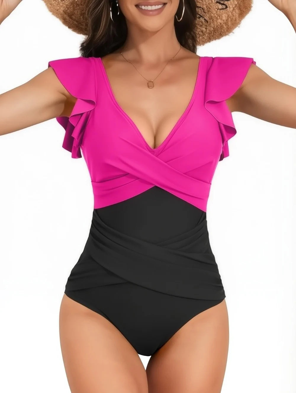 2026 Sexy Ruffle Swimsuit One Piece V-neck Drawstring Swimwear Women Bathers Bathing Swimming Swim Suit Female Beachwear XXL