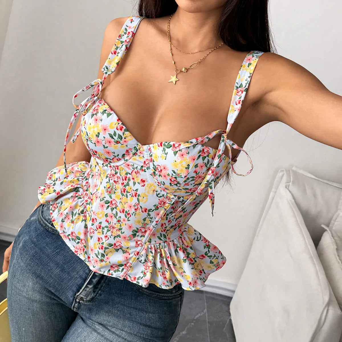 Spring Summer Lace Up Pink Floral Print Fishbone Corset with Folded Waist Ruffled Edges Cotton Suspender Vest for Women 2026