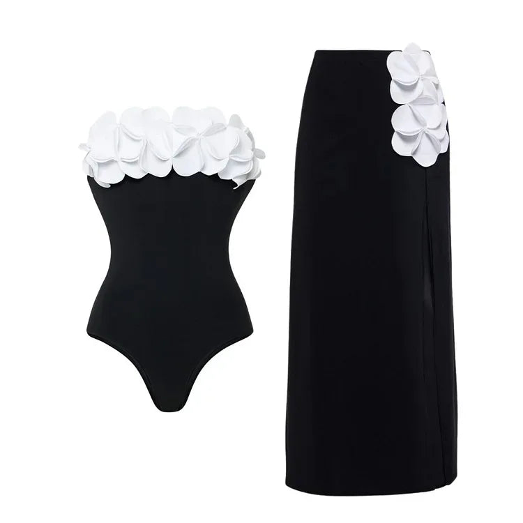 Vintage White Black Patchwork One Piece Swimsuit Long Skirt Set Women Sexy 3D Flower Bandeau Push Up Slim Holiday Swimwear 2025