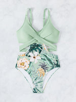 One Piece Swimsuit Women Vintage Green Floral Print Hollow Out Backless High Waist Bikini 2025 Bathing Suit Bandage Swimwear