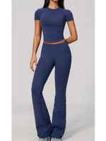 Seamless High Elasticity Yoga Sets Women Short Sleeve O Neck Sports T Shirts Workout Outfits Running Wide Leg Pants Fitness Suit