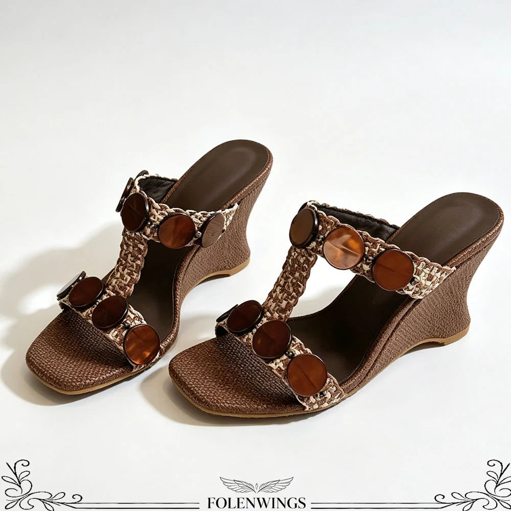 Boho Raffia Comfortable 8cm High Heels Wedge Slide Mules T-Strap Vacation Beach Straw Heels Espadrille Wedge Sandals Women Shoes
