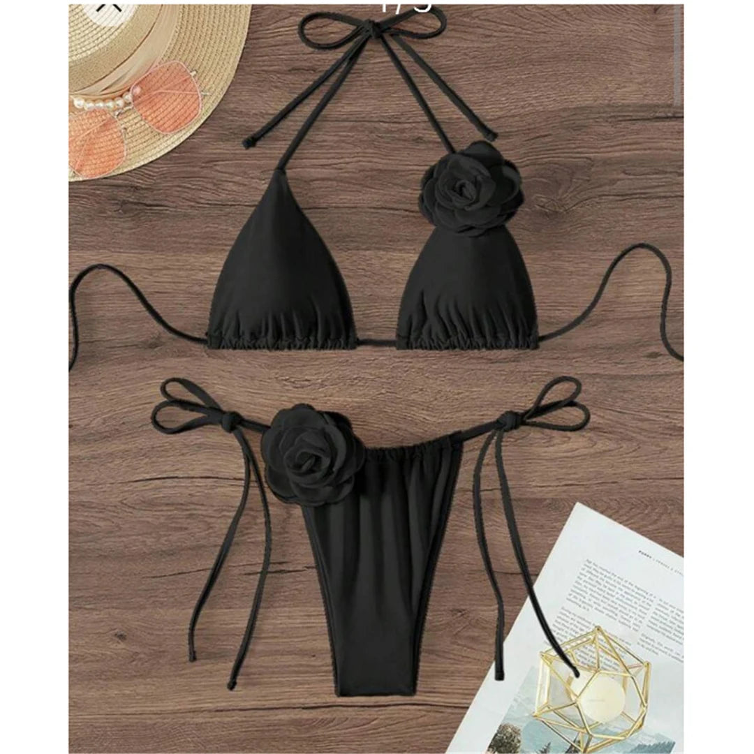 S - XL Sexy 3D Flowers Halter Strappy Bikini Women Swimwear Female Swimsuit Two-Pieces Bikini Set Bather Bathing Suit Swim V5297