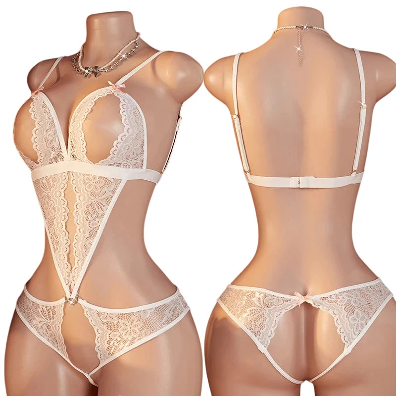 Teddy Transparent Lace Lingerie Deep V Open Bra Lingerie Women Erotic Exposed Breast Hot Dress Babydoll Open Croth Bodysuit Set