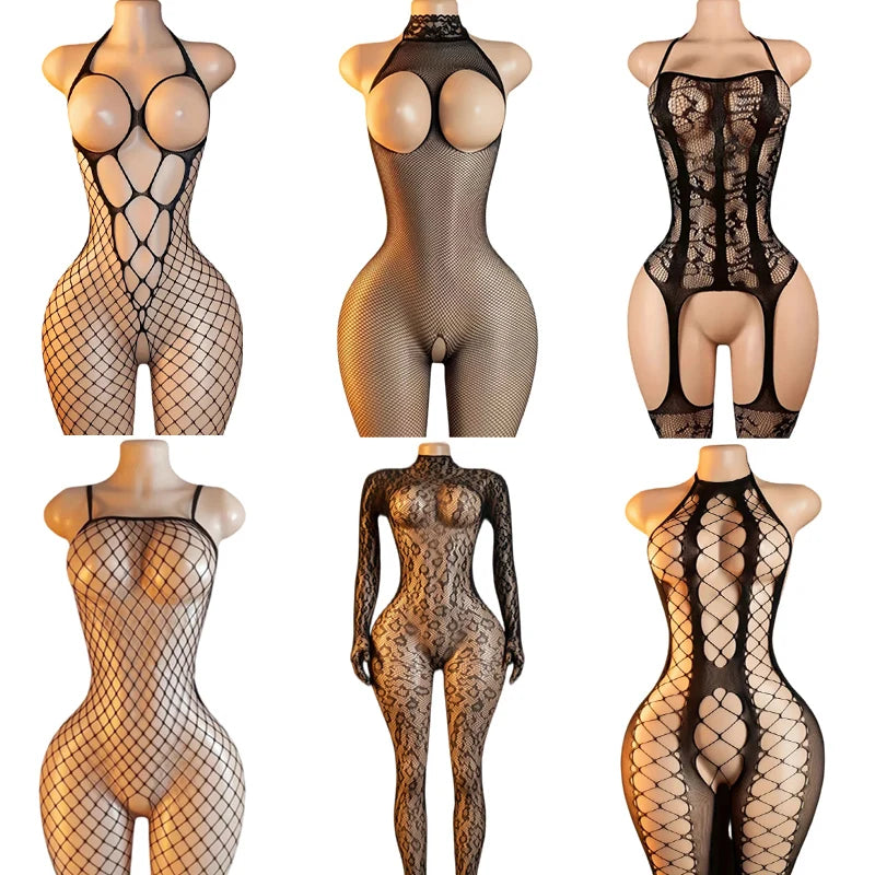 Sexy Big Loophole Open Bra BodySuits Erotic Crotchless Lingerie Women Fishnet Hollow Exposed Breast Adult Plus Size Underwear