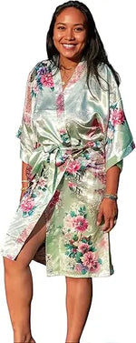 Lace Up Woman Peacock Print Japanese Kimono Yukata Silk Satin Short Style Sleepwear Home Nightgown Bath Robe Costume