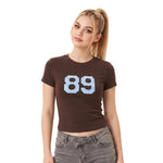 Summer Women Number Letter Print T-shirt Crew Neck Short Sleeve Slim Basic Tee Tops Fitness Sporty Casual Cropped Shirts