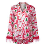 Women Satin 2025 Christmas Pajama Set Bow/Tree Print Long Sleeve Shirt with Shorts Two Pieces Sleepwear Loungewear