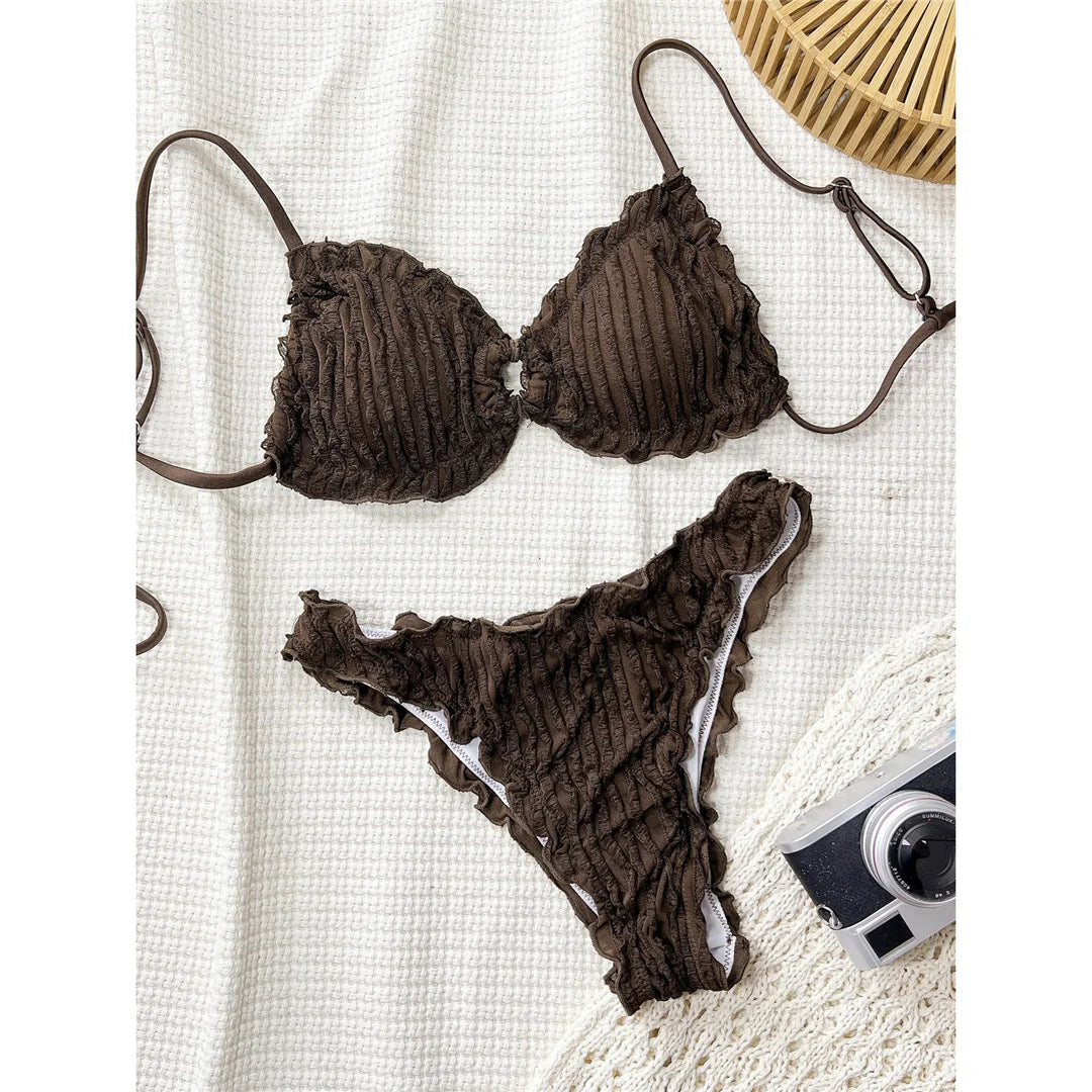 Wrinkled Crinkled Frilled Bikini Female Swimsuit Women Swimwear Two-pieces Bikini set Brazilian Bather Bathing Suit Swim V8053