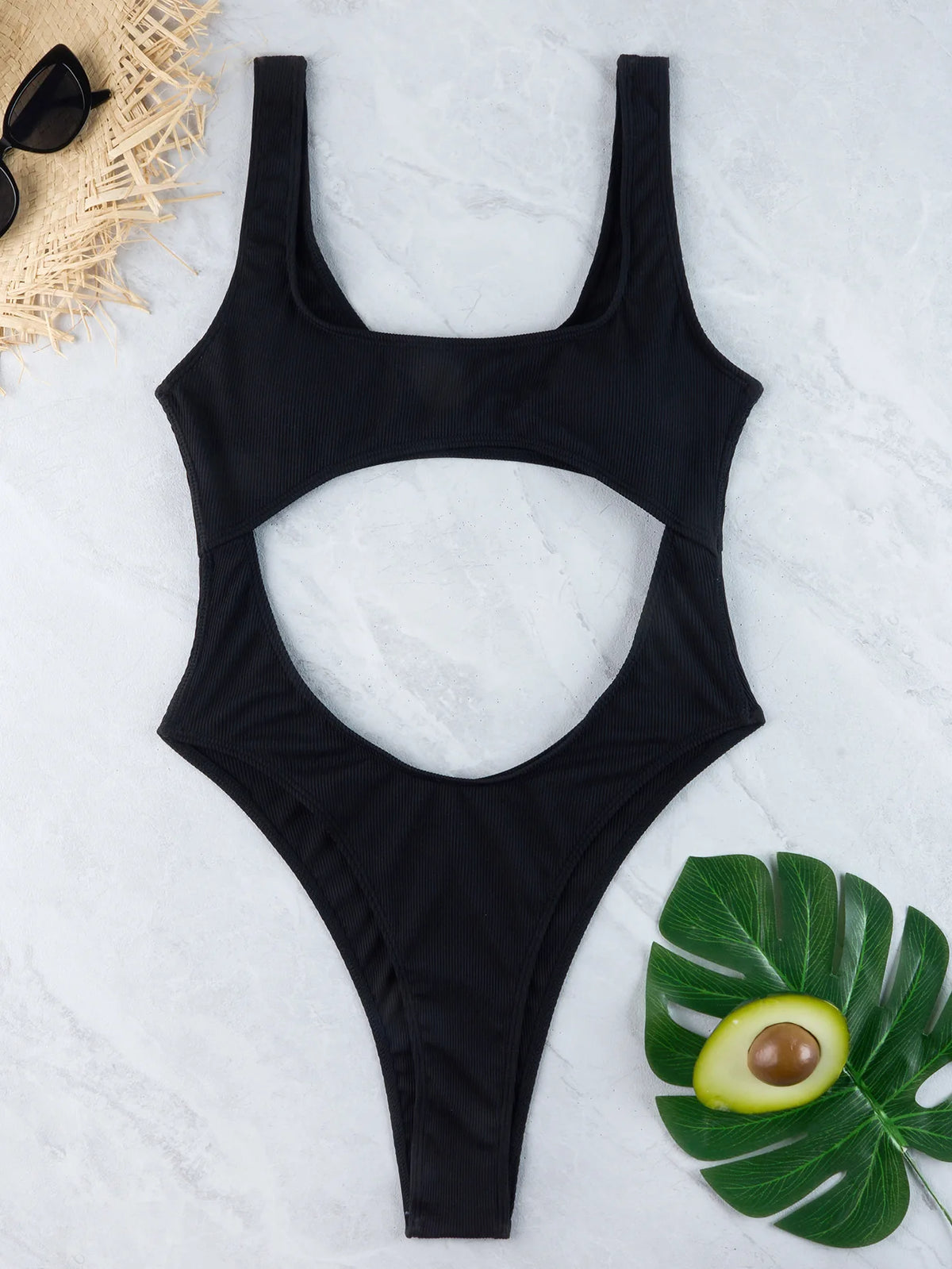 Sexy Hollow Out Thong Bikini 2026 Women Black Red Ribbed Backless Tummy Cut Out One Piece Swimsuit Beach Bathing Suit Swimwear