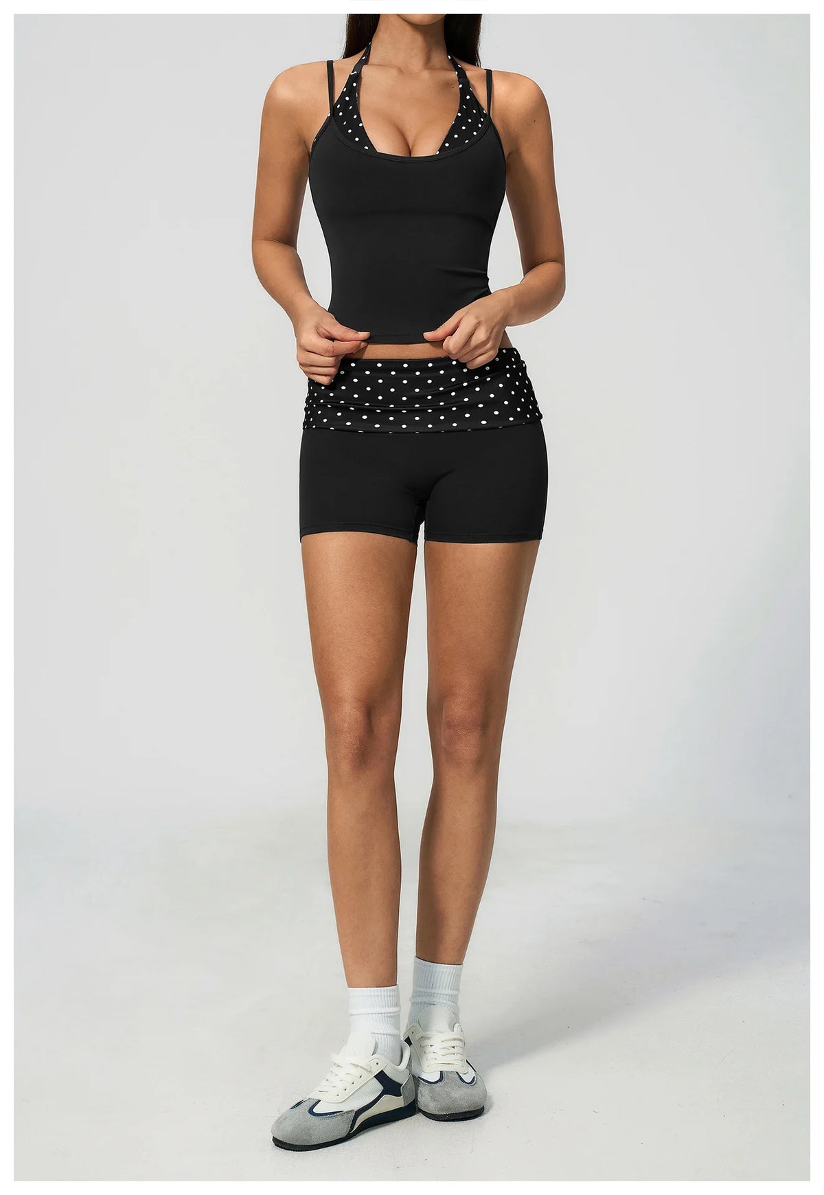 Quick Drying Polka Dot Patchwork Yoga Sets Women Hanging Neck Slim Shockproof Sports Tank Top Gym High Waist Shorts Fitnss Suit