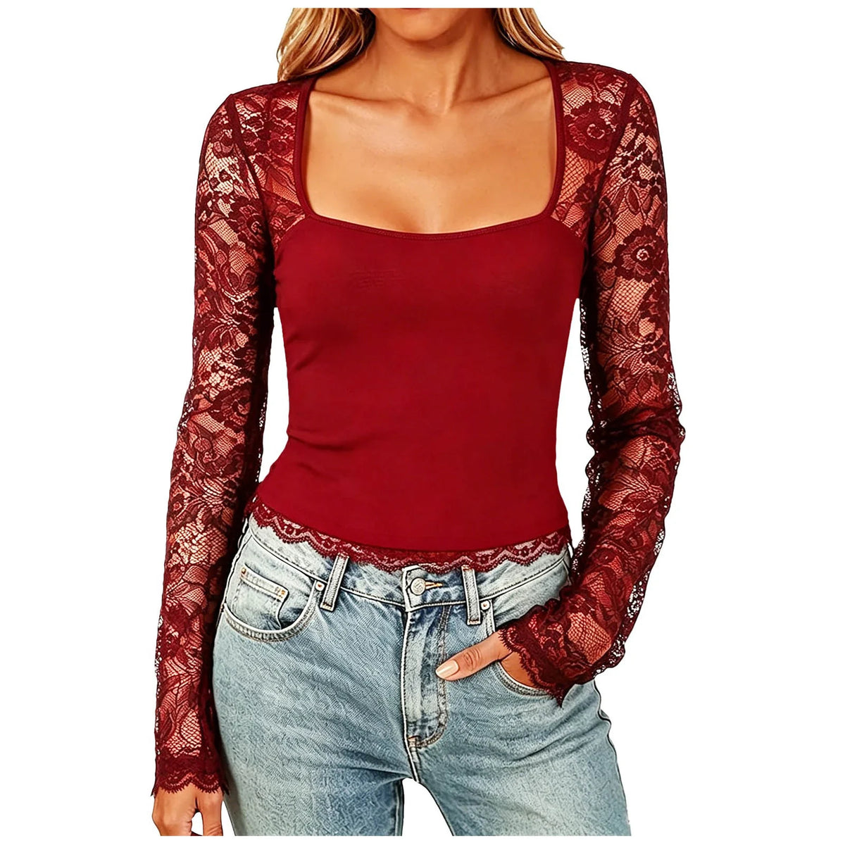Women'S Sexy Lace Patchwork Square Collar Long Sleeve T-Shirt Elegant Sheer Mesh Slim Fit Cropped Top Spring/Fall 2026 Basic Top