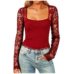 Women'S Sexy Lace Patchwork Square Collar Long Sleeve T-Shirt Elegant Sheer Mesh Slim Fit Cropped Top Spring/Fall 2026 Basic Top
