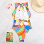 2026 Color Block Swimsuit One Piece Backless Printed Swimwear Women Bathers Bathing Swimming Swim Suit Padded Beachwear Summer