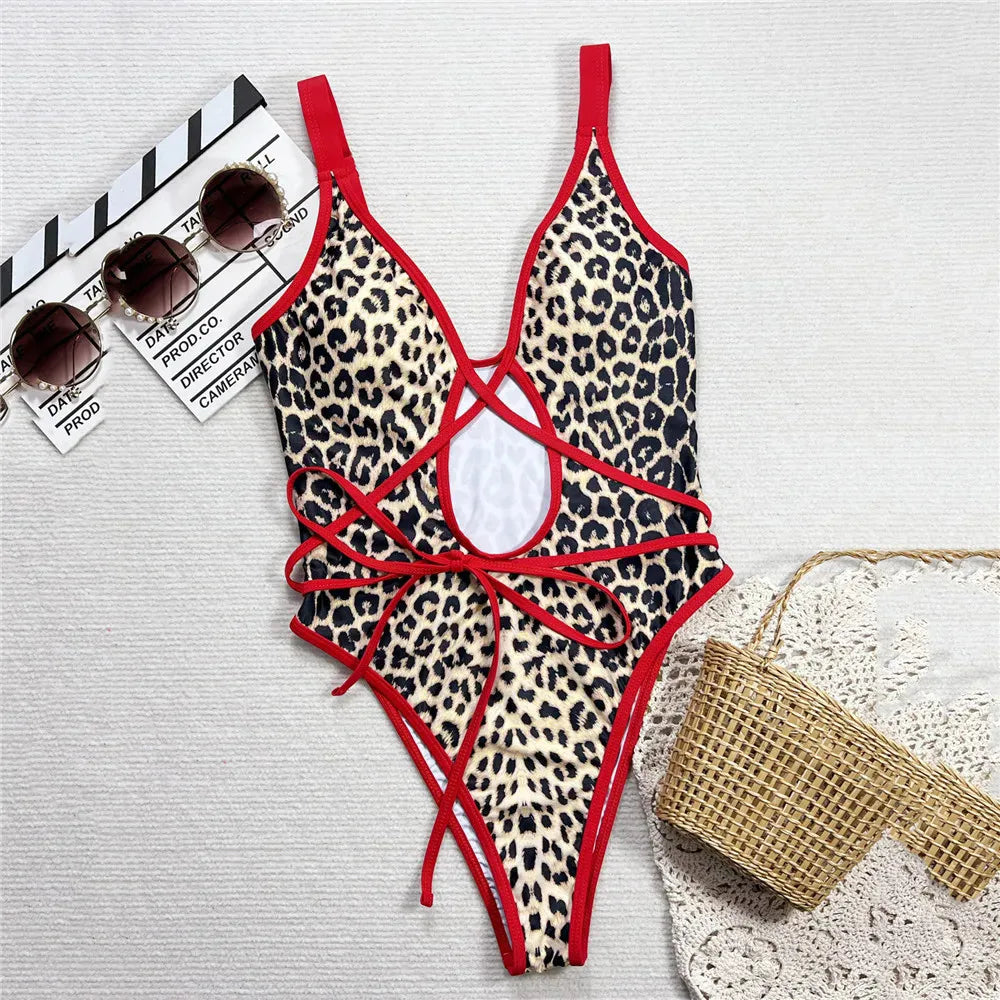 Red Leopard Print Hollow Out Sexy Swimsuit Woman One Piece Swimwear 2026 String Cross Monokini High Cut Bathing Swimming Suit