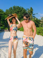 Print High Waist High Neck Swimsuit 3 Pcs Bikini Set Women Men's Swim Shorts Summer Surfing Suit Couples Bathing Suit Holiday
