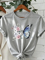 1-Piece Set--Women's Round Neck Chrysanthemum Floral Print T-Shirt Top, Fashion Anti-Wrinkle Cotton T-Shirt