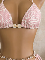 Vintage Pink Mesh Skirt 3 Piece Bikini Set Women Stone Strap Push Up Bra Triangle Swimsuit Holiday Bathing Suit Swimwear 2026