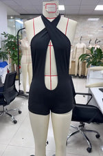 Women Halter Neck Cutout Romper Backless Bodycon Shorts Jumpsuit Sleeveless Cross Front Tie Back Sexy Clubwear Party Outfit