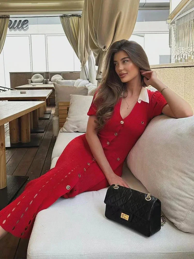 Foridol Red Knitted Polo Dress Autumn Winter Women Dress Casual Elegant Maxi A-line Hollow OutDress Slim Christmas Party