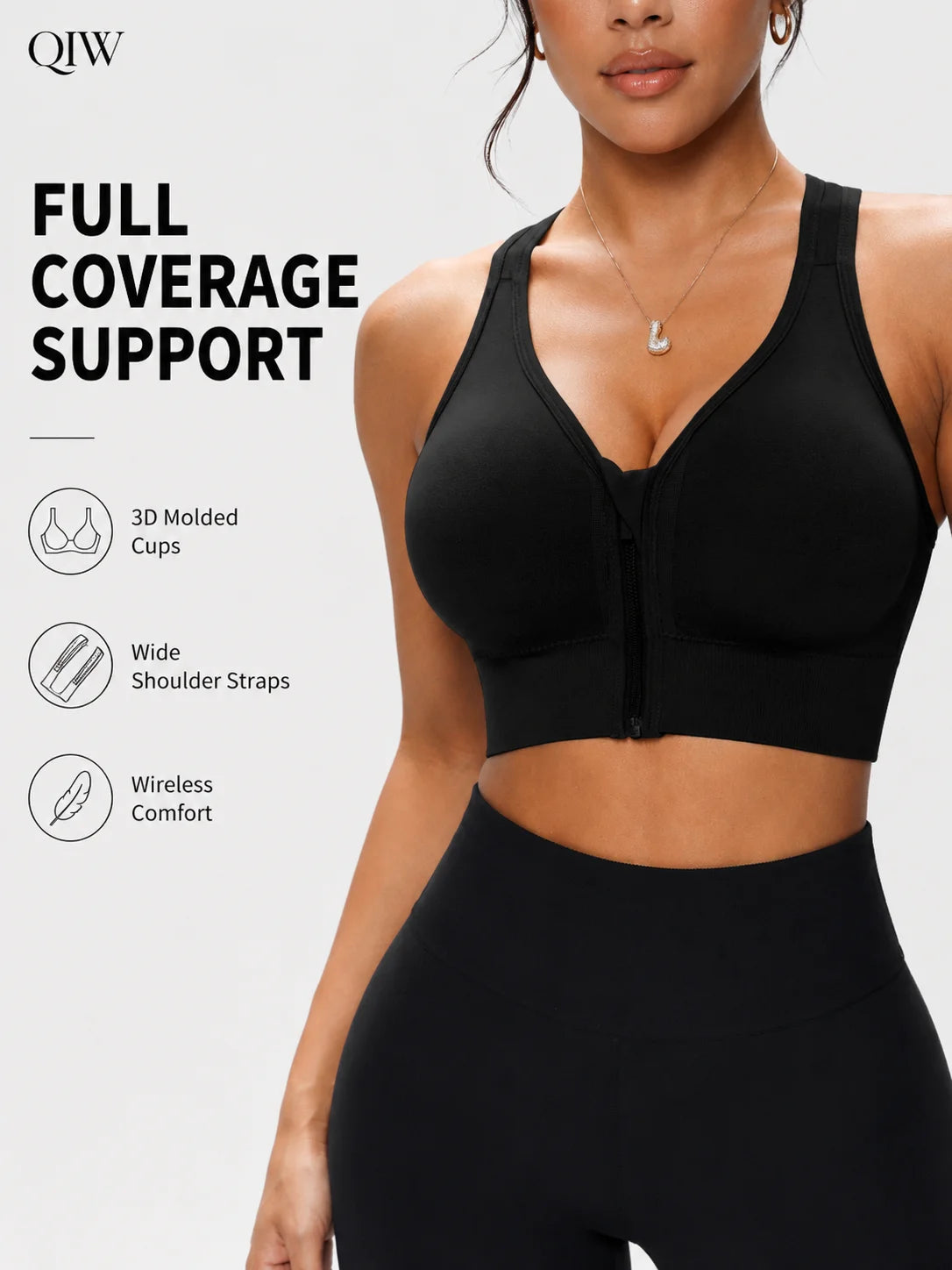 QIW Women's Zip Front Solid Color Sports Bra, Crisscross Back Wireless Bra, Removable Padded Comfort Everyday Workout Bra