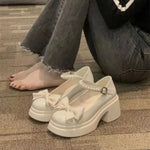 Women's Pearl Bow Platform Mary Jane Shoes Chunky Block Heel Sweet Lolita Japanese Style Casual Dress Shoes