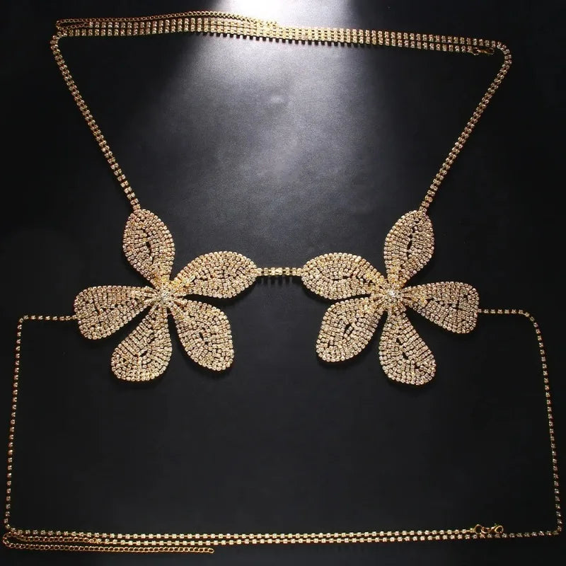 Exaggerated Crystal Flower Chest Chain Lingerie Women Accessories New in Summer Top Rhinestone Body Jewelry Bra Bikini Clothing